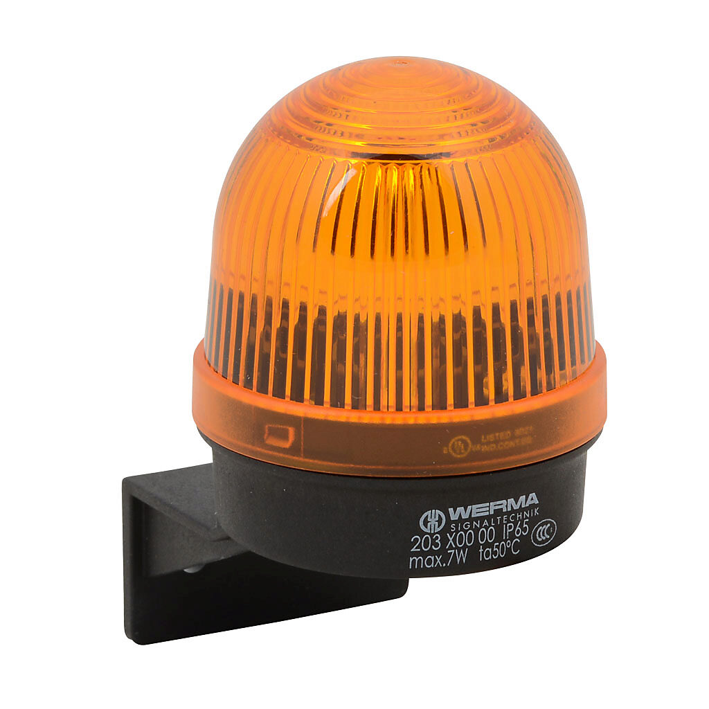 20330000 - WERMA incandescent industrial signal beacon, 57mm, yellow, permanent, IP65, bracket mount, 12-240 VAC/VDC. Requires incandescent bulb.