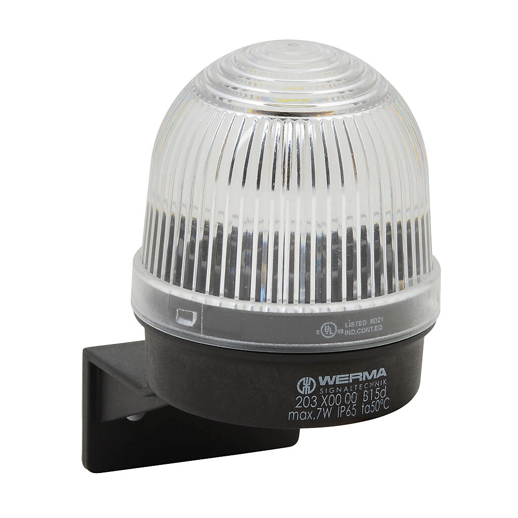 20340000 - WERMA incandescent industrial signal beacon, 57mm, clear/white, permanent, IP65, bracket mount, 12-240 VAC/VDC. Requires incandescent bulb.