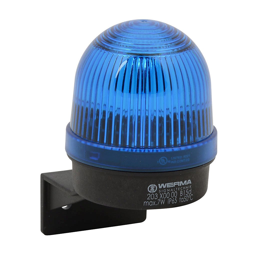 20350000 - WERMA incandescent industrial signal beacon, 57mm, blue, permanent, IP65, bracket mount, 12-240 VAC/VDC. Requires incandescent bulb.