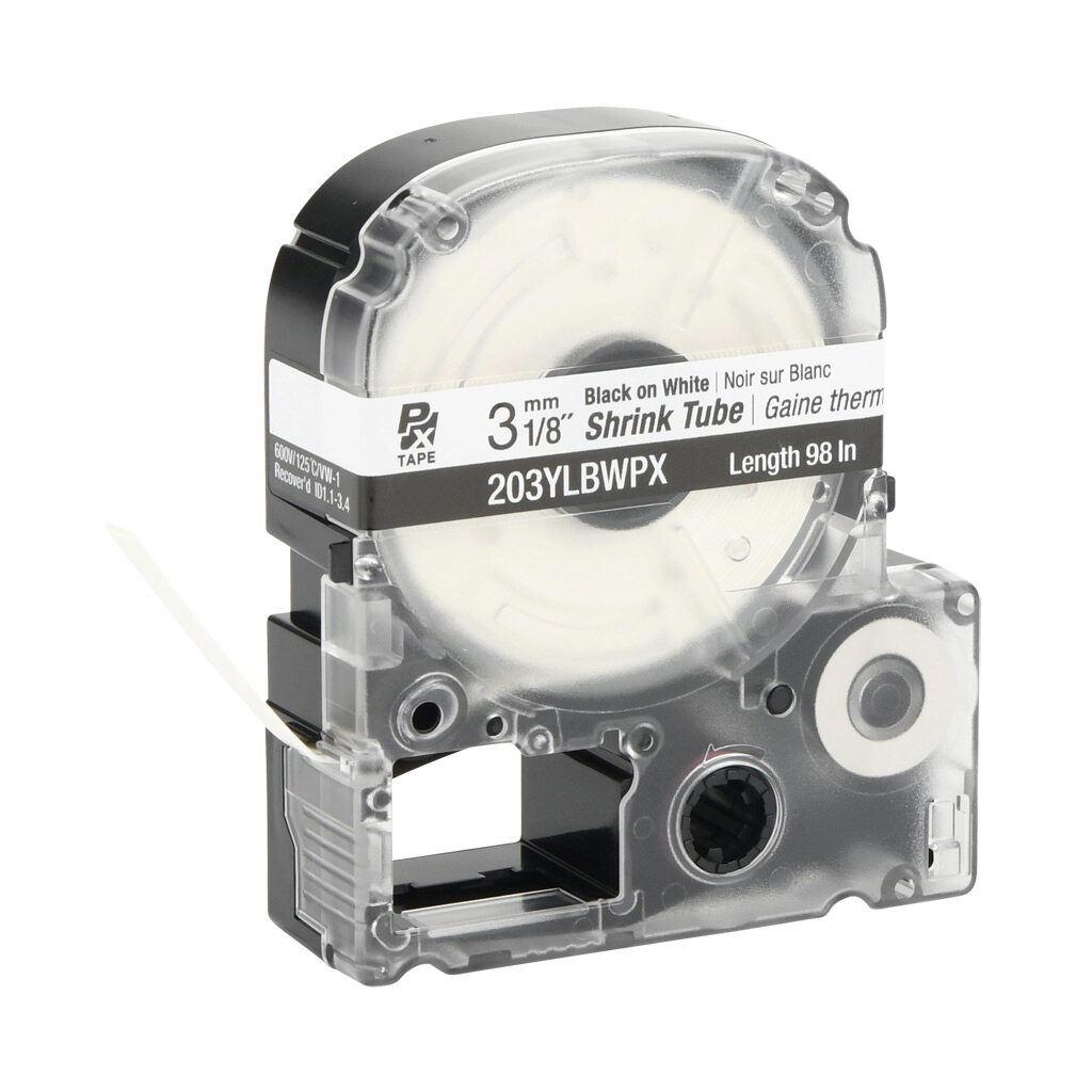 203YLBWPX - Epson LabelWorks PX series heat-shrink tube label cartridge, 3mm (1/8in) nominal diameter, 98in roll, black text, white background, polyolefin, 22-14 AWG. For use with Epson LabelWorks PX series label printers.