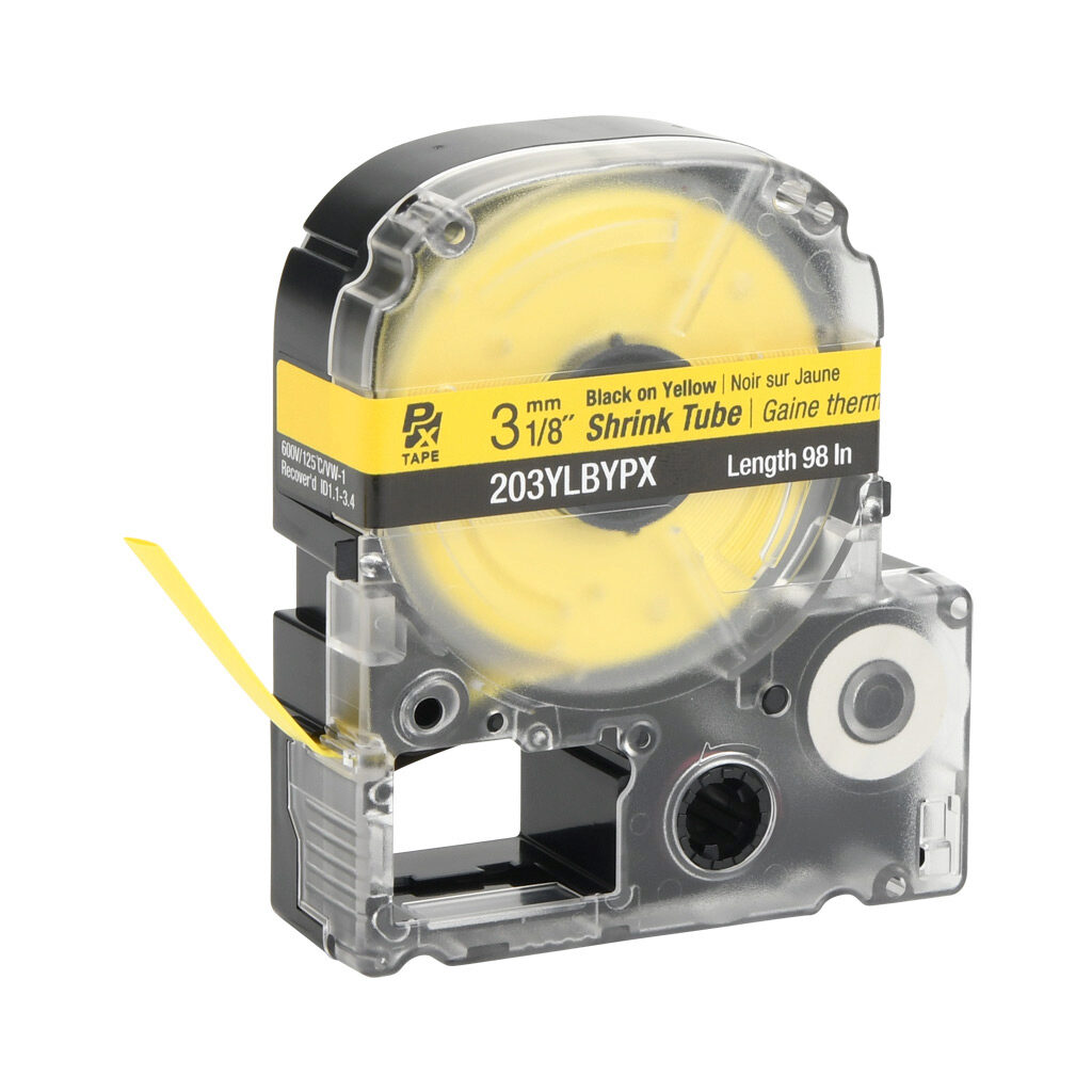 203YLBYPX - Epson LabelWorks PX series heat-shrink tube label cartridge, 3mm (1/8in) nominal diameter, 98in roll, black text, yellow background, polyolefin, 22-14 AWG. For use with Epson LabelWorks PX series label printers.