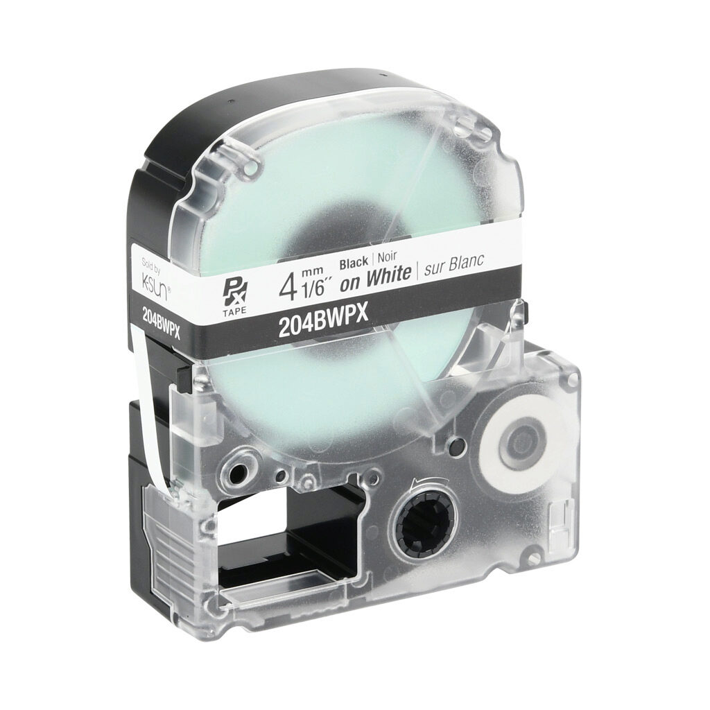 204BWPX - Epson LabelWorks PX series standard label cartridge, 4mm (1/6in) wide, 30ft roll, black text, white background, polyester. For use with Epson LabelWorks PX series label printers.