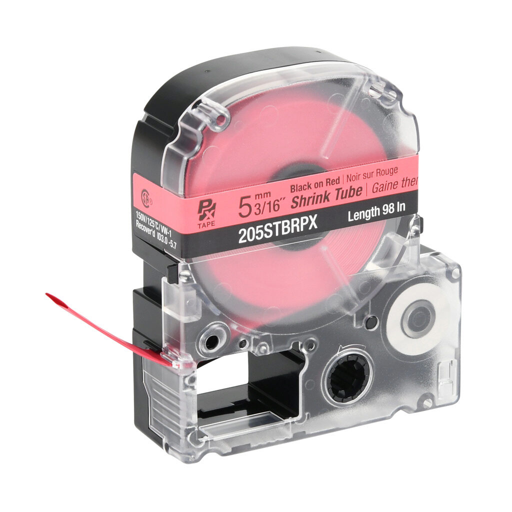 205STBRPX - Epson LabelWorks PX series heat-shrink tube label cartridge, 5mm (3/16in) nominal diameter, 98in roll, black text, red background, polyolefin, 12-8 AWG. For use with Epson LabelWorks PX series label printers.