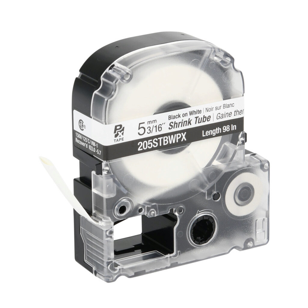 205STBWPX - Epson LabelWorks PX series heat-shrink tube label cartridge, 5mm (3/16in) nominal diameter, 98in roll, black text, white background, polyolefin, 12-8 AWG. For use with Epson LabelWorks PX series label printers.