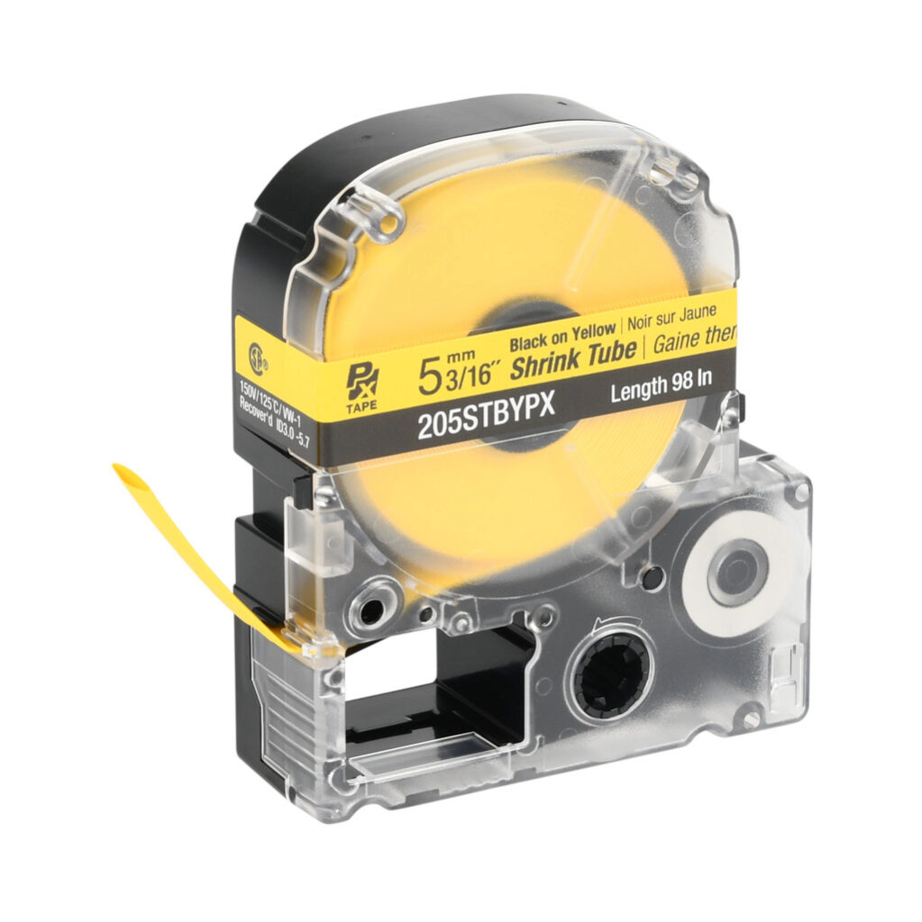205STBYPX - Epson LabelWorks PX series heat-shrink tube label cartridge, 5mm (3/16in) nominal diameter, 98in roll, black text, yellow background, polyolefin, 12-8 AWG. For use with Epson LabelWorks PX series label printers.