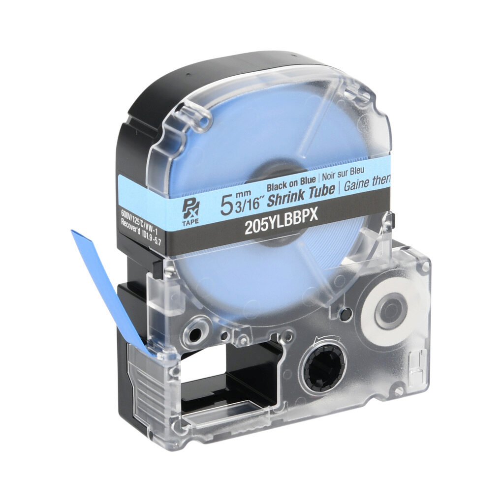 205YLBBPX - Epson LabelWorks PX series heat-shrink tube label cartridge, 5mm (3/16in) nominal diameter, 98in roll, black text, blue background, polyolefin, 18-10 AWG. For use with Epson LabelWorks PX series label printers.