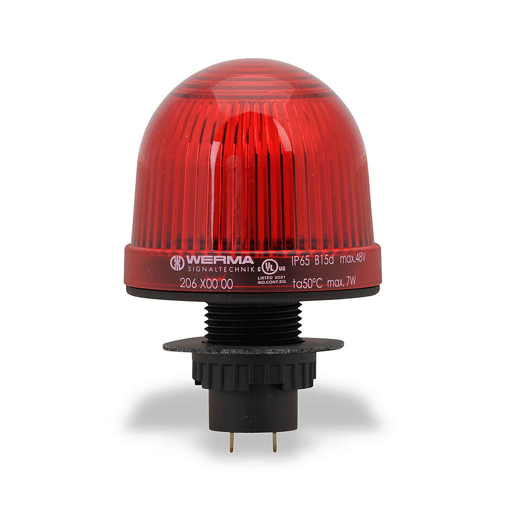 20610000 - WERMA incandescent industrial signal beacon, 57mm, red, permanent, IP65, 22.5mm panel mount, 12-48 VAC/VDC. Requires incandescent bulb.