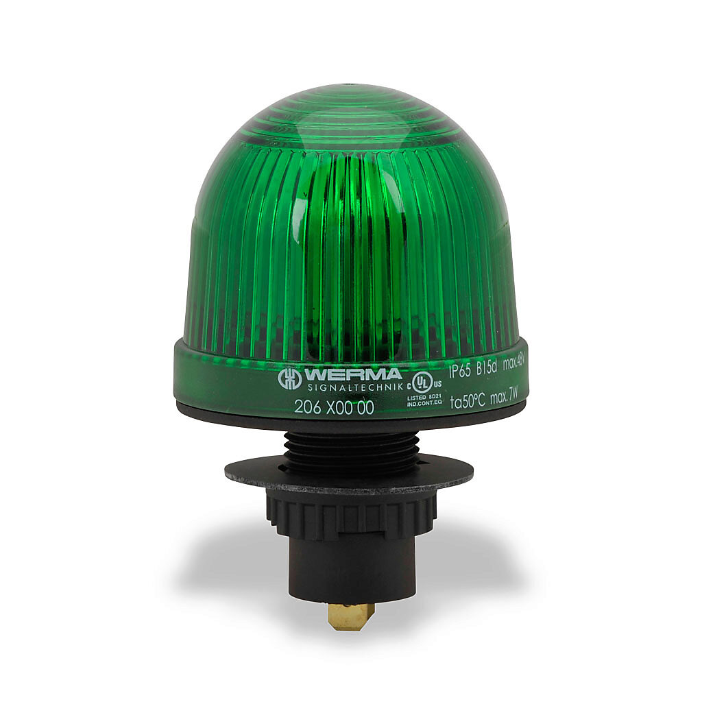 20620000 - WERMA incandescent industrial signal beacon, 57mm, green, permanent, IP65, 22.5mm panel mount, 12-48 VAC/VDC. Requires incandescent bulb.