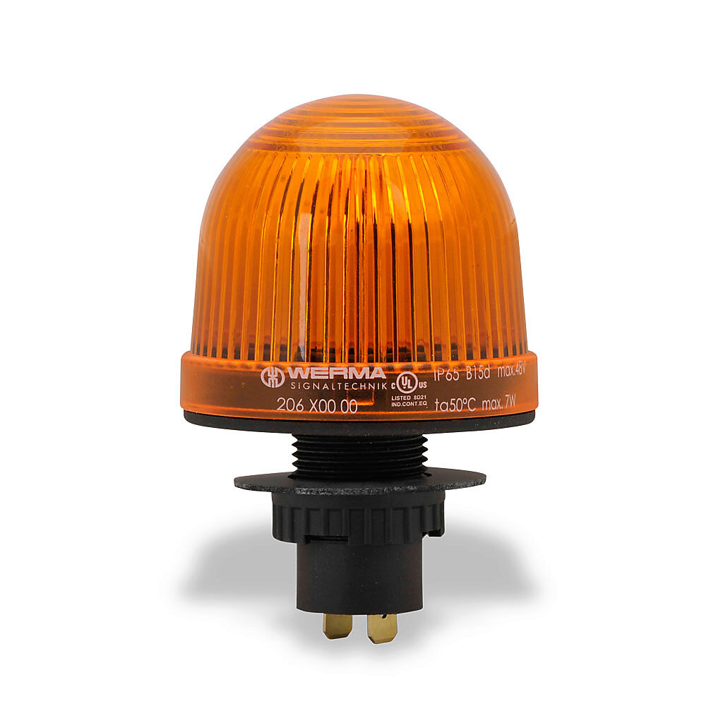 20630000 - WERMA incandescent industrial signal beacon, 57mm, yellow, permanent, IP65, 22.5mm panel mount, 12-48 VAC/VDC. Requires incandescent bulb.