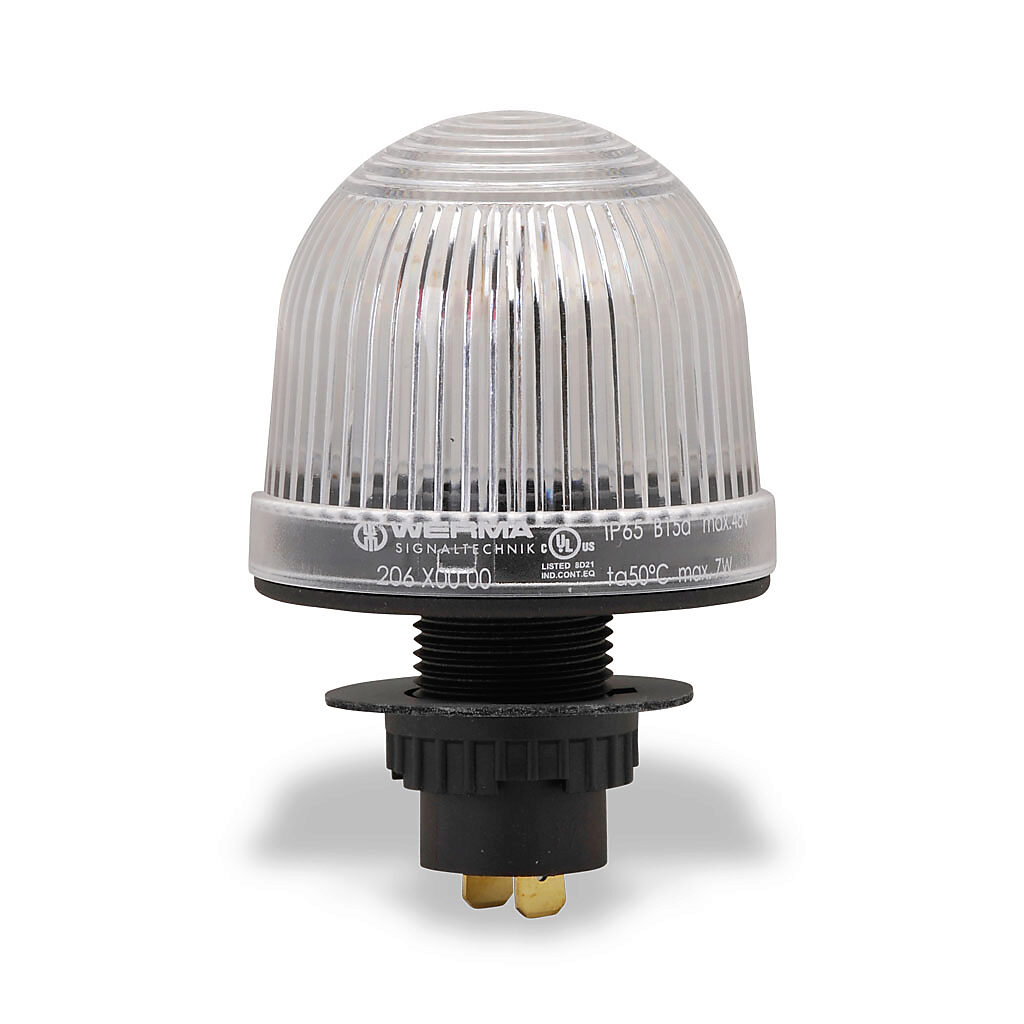20640000 - WERMA incandescent industrial signal beacon, 57mm, clear/white, permanent, IP65, 22.5mm panel mount, 12-48 VAC/VDC. Requires incandescent bulb.