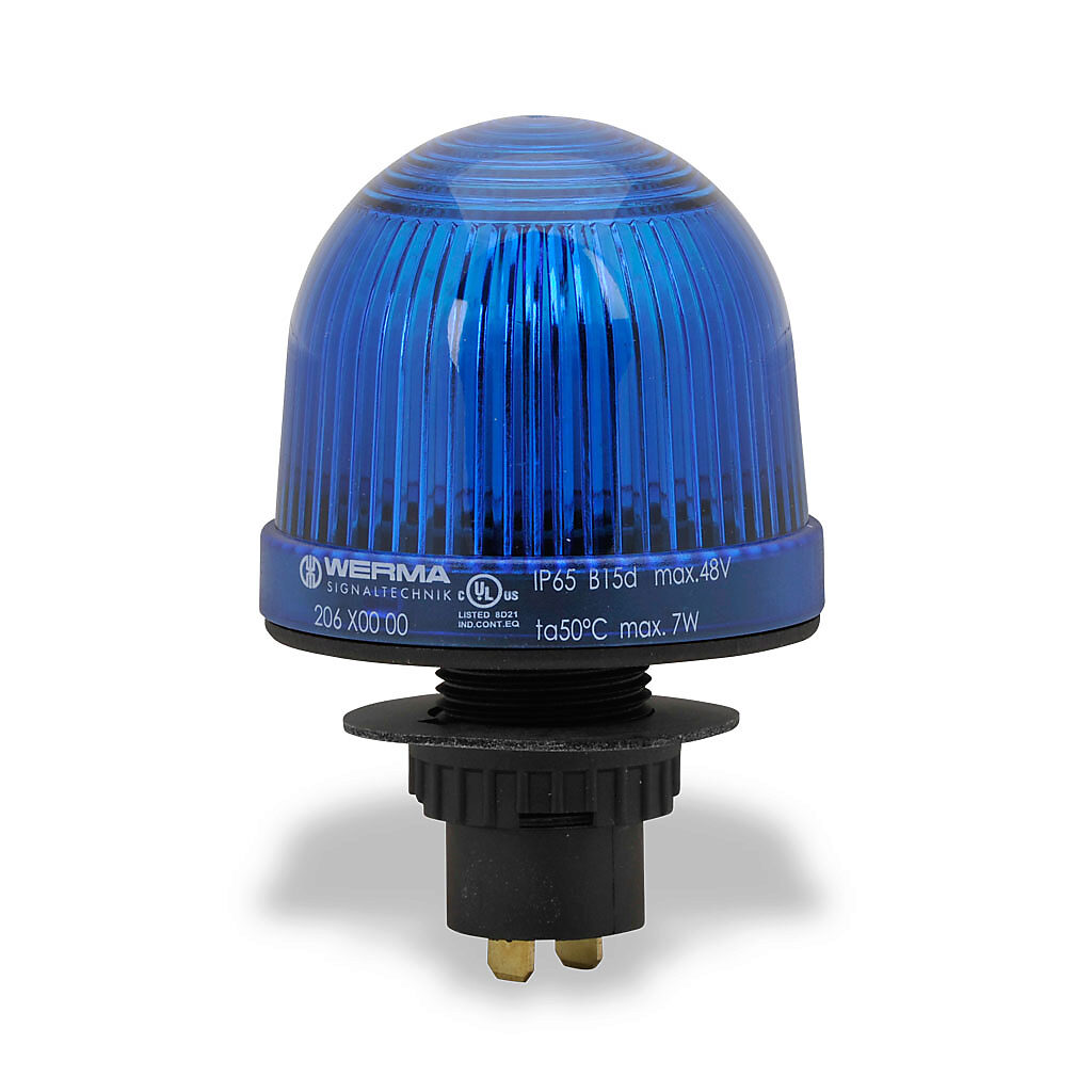 20650000 - WERMA incandescent industrial signal beacon, 57mm, blue, permanent, IP65, 22.5mm panel mount, 12-48 VAC/VDC. Requires incandescent bulb.