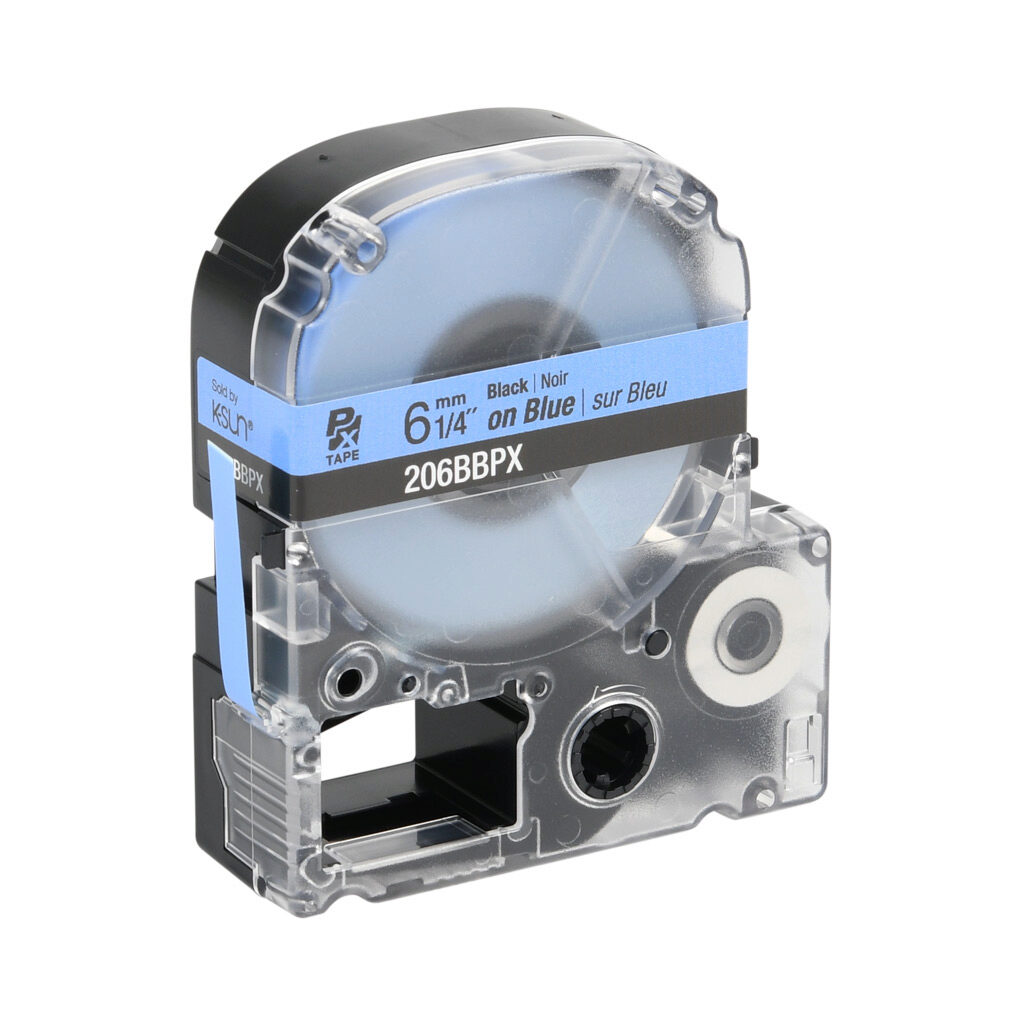 206BBPX - Epson LabelWorks PX series standard label cartridge, 6mm (1/4in) wide, 30ft roll, black text, blue background, polyester. For use with Epson LabelWorks PX series label printers.