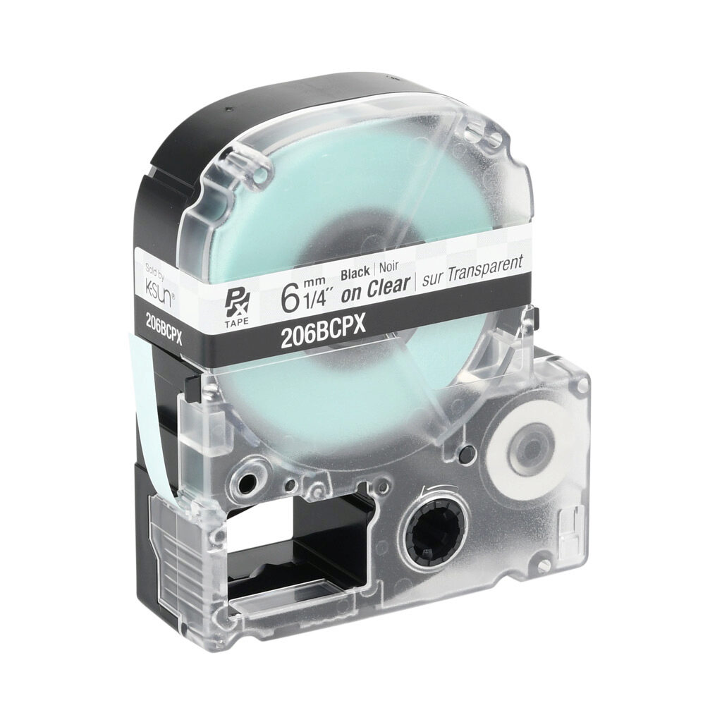 206BCPX - Epson LabelWorks PX series standard label cartridge, 6mm (1/4in) wide, 30ft roll, black text, clear background, polyester. For use with Epson LabelWorks PX series label printers.