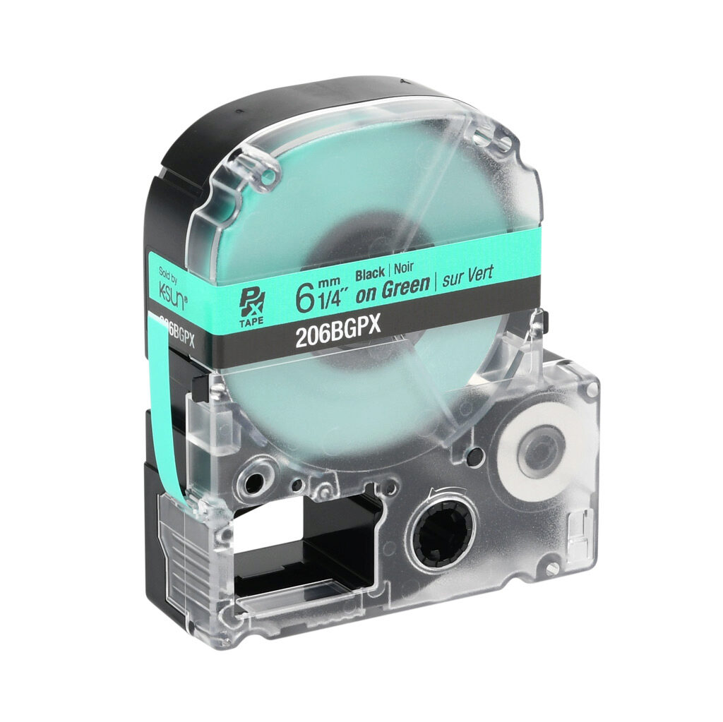 206BGPX - Epson LabelWorks PX series standard label cartridge, 6mm (1/4in) wide, 30ft roll, black text, green background, polyester. For use with Epson LabelWorks PX series label printers.