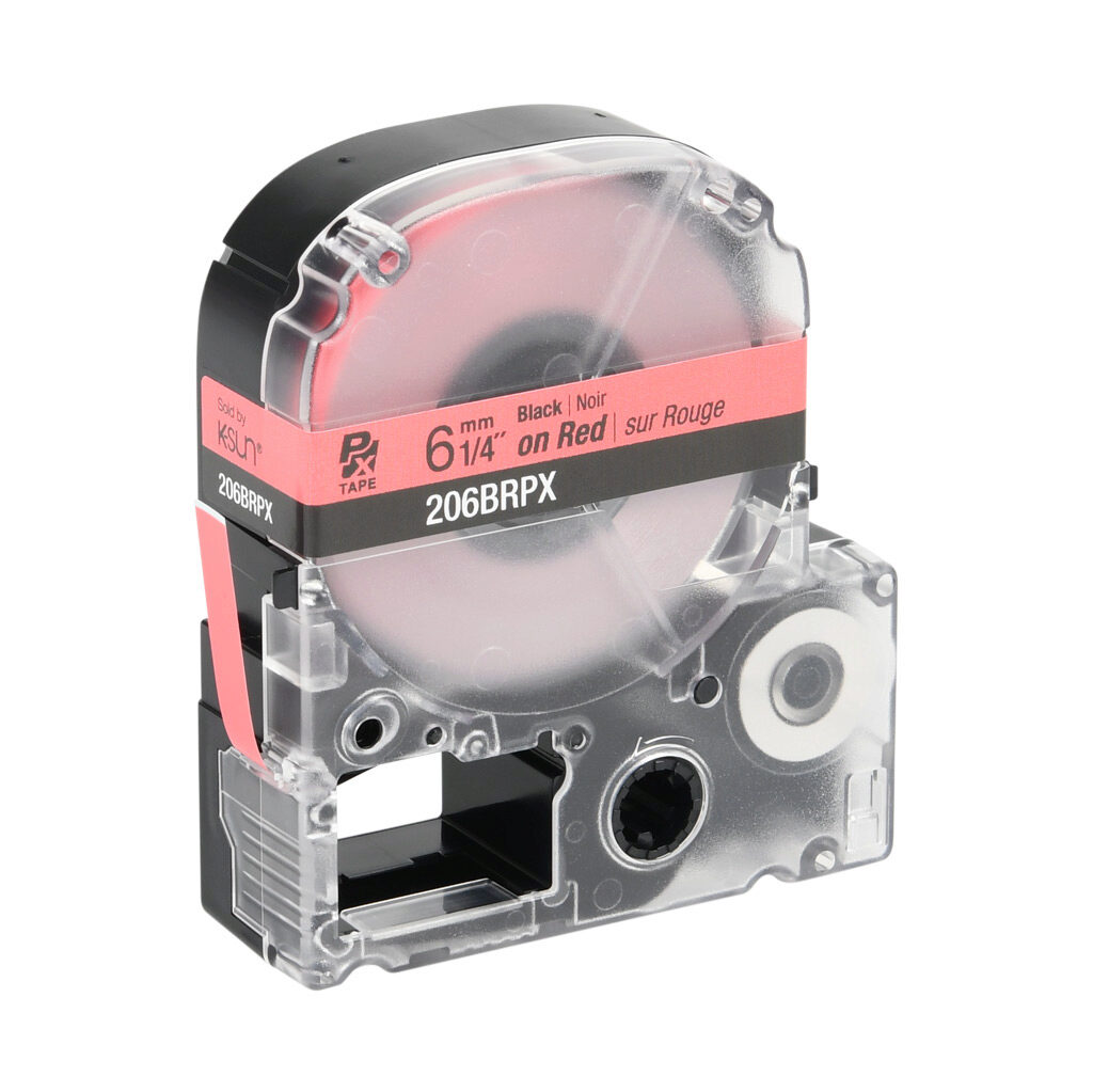 206BRPX - Epson LabelWorks PX series standard label cartridge, 6mm (1/4in) wide, 30ft roll, black text, red background, polyester. For use with Epson LabelWorks PX series label printers.