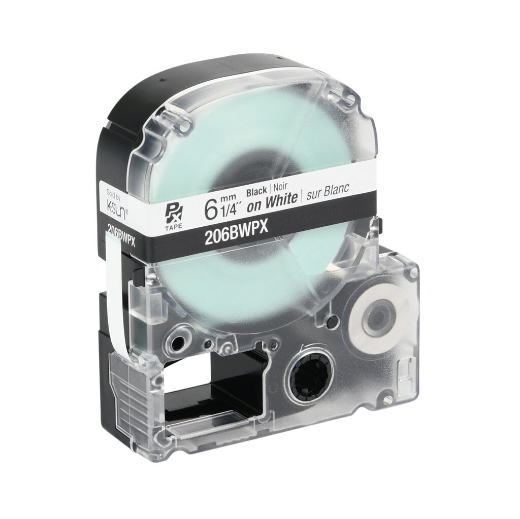 206BWPX - Epson LabelWorks PX series standard label cartridge, 6mm (1/4in) wide, 30ft roll, black text, white background, polyester. For use with Epson LabelWorks PX series label printers.
