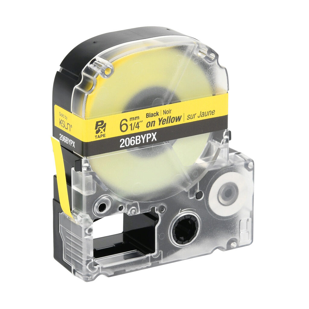 206BYPX - Epson LabelWorks PX series standard label cartridge, 6mm (1/4in) wide, 30ft roll, black text, yellow background, polyester. For use with Epson LabelWorks PX series label printers.