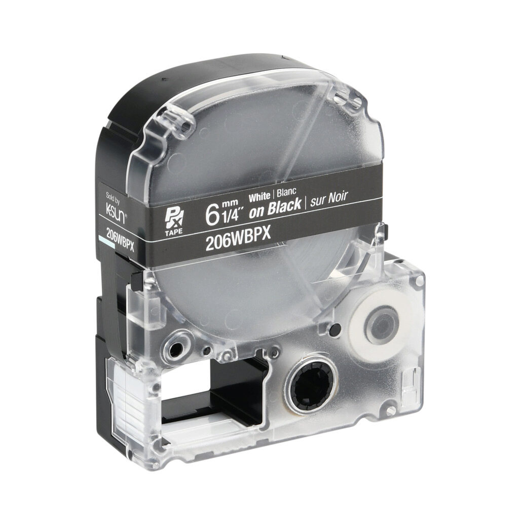 206WBPX - Epson LabelWorks PX series standard label cartridge, 6mm (1/4in) wide, 30ft roll, white text, black background, polyester. For use with Epson LabelWorks PX series label printers.