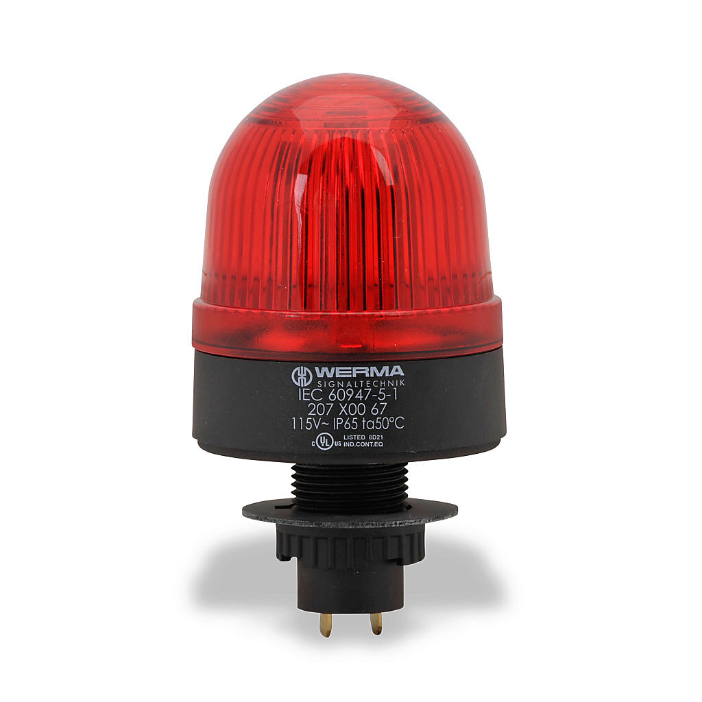 20710067 - WERMA LED industrial signal beacon, 58mm, red, permanent, IP65, 22.5mm panel mount, 115 VAC.