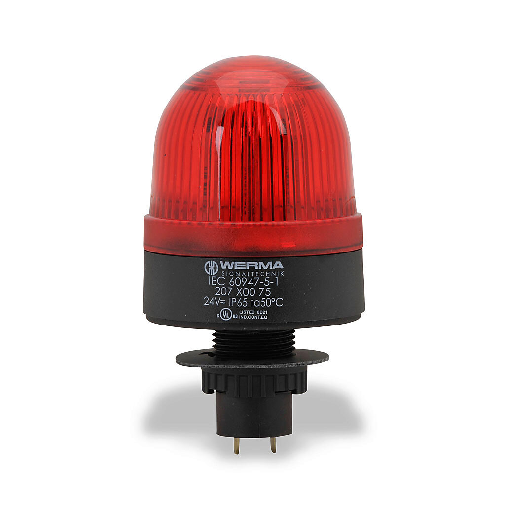 20710075 - WERMA LED industrial signal beacon, 58mm, red, permanent, IP65, 22.5mm panel mount, 24 VAC/VDC.