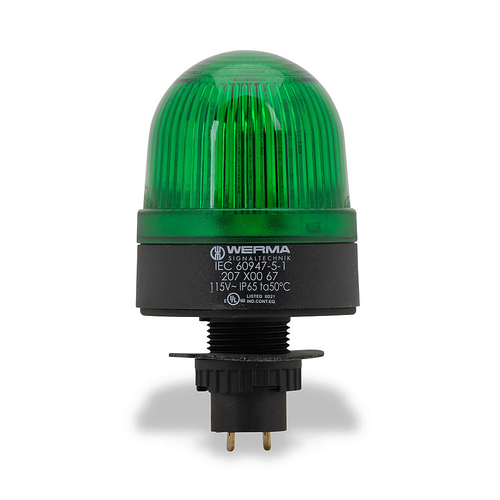 20720067 - WERMA LED industrial signal beacon, 58mm, green, permanent, IP65, 22.5mm panel mount, 115 VAC.