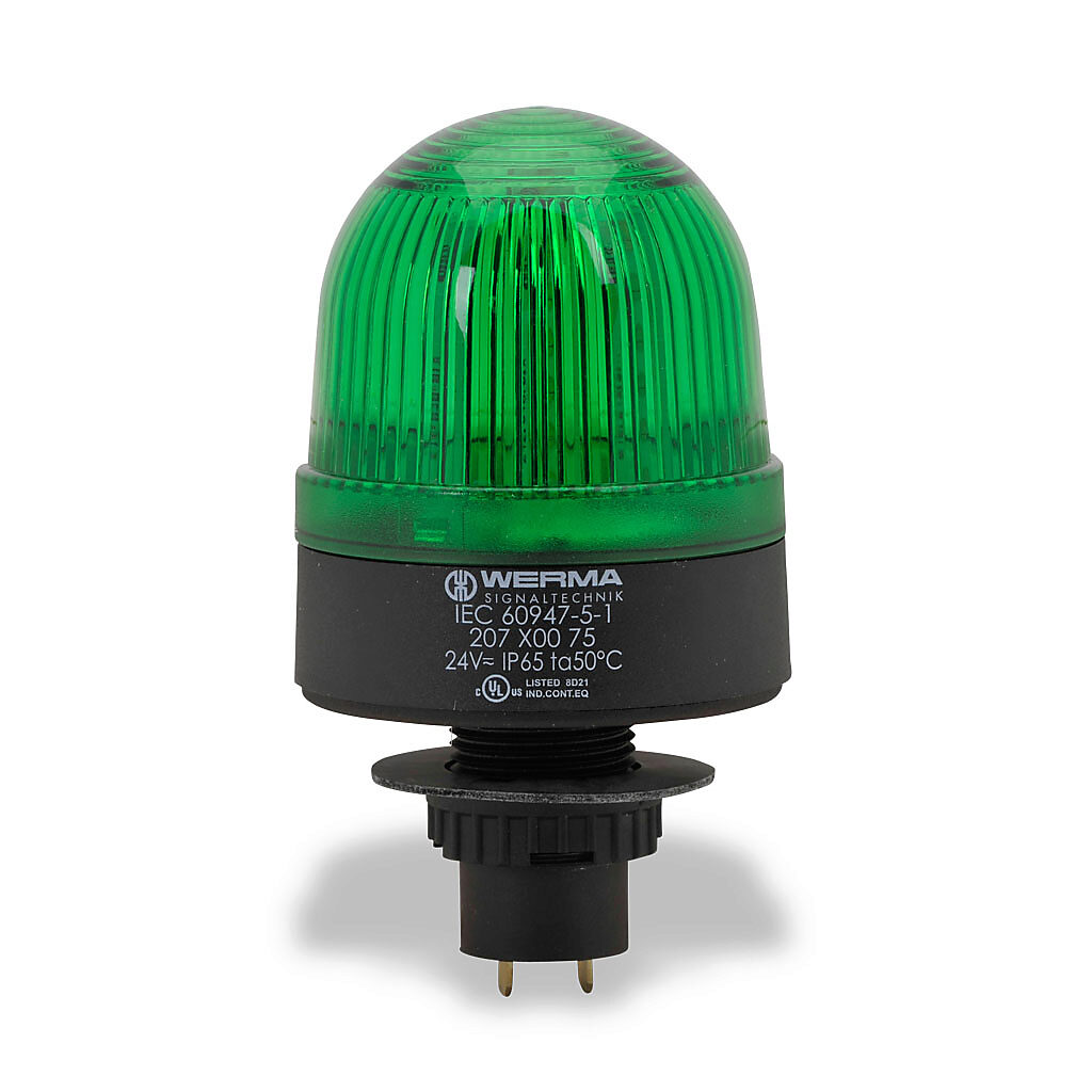 20720075 - WERMA LED industrial signal beacon, 58mm, green, permanent, IP65, 22.5mm panel mount, 24 VAC/VDC.