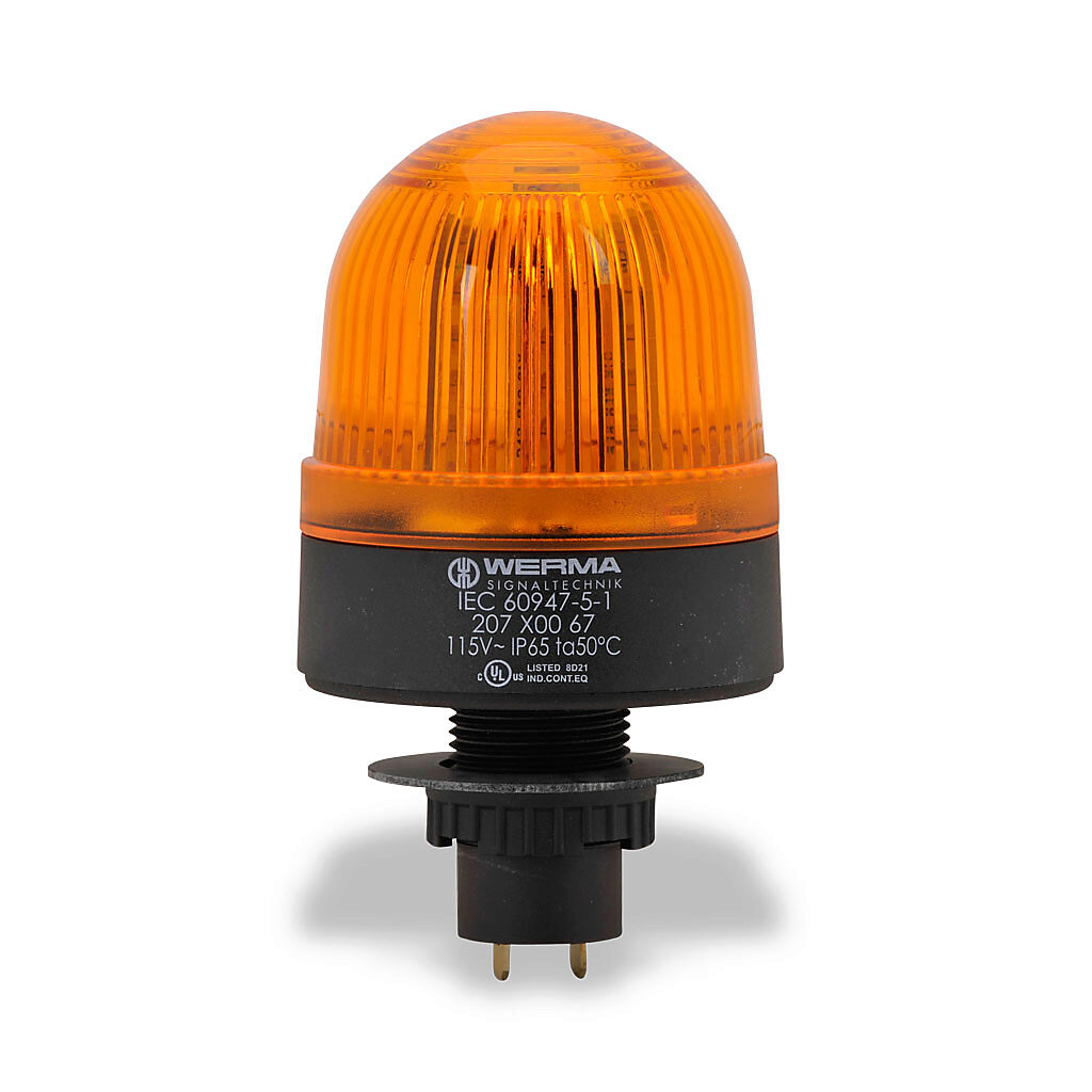 20730067 - WERMA LED industrial signal beacon, 58mm, yellow, permanent, IP65, 22.5mm panel mount, 115 VAC.
