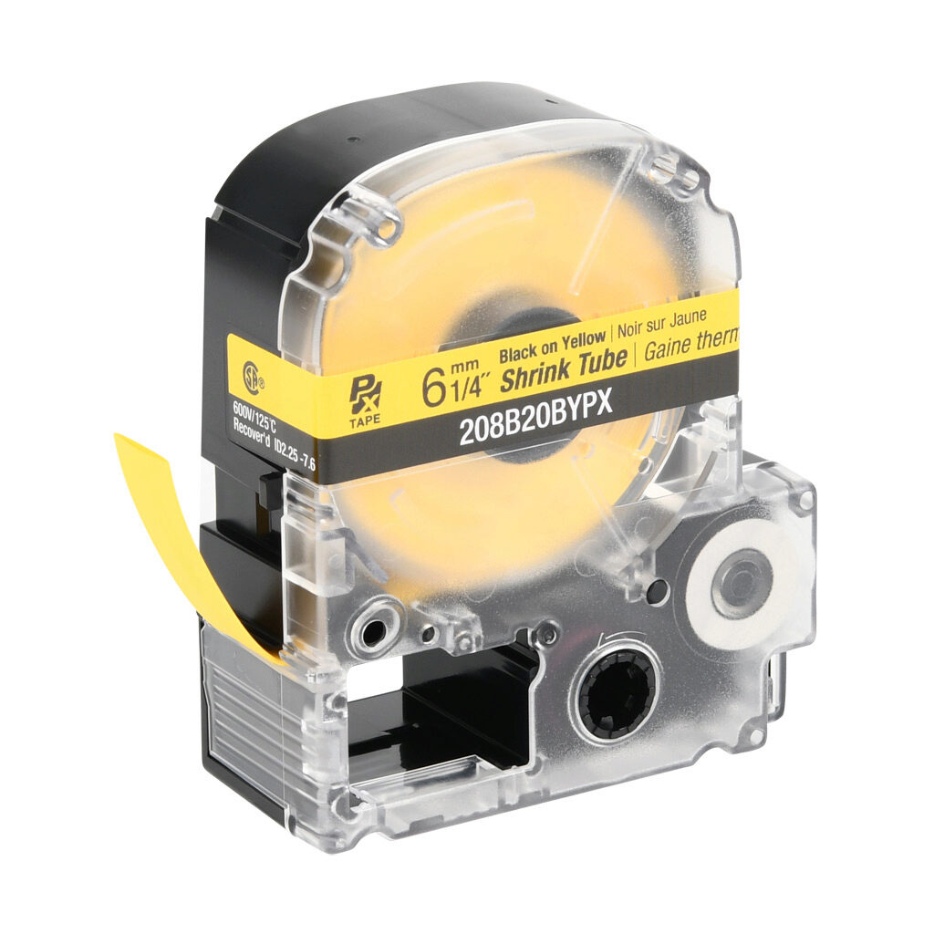 208B20BYPX - Epson LabelWorks PX series heat-shrink tube label cartridge, 6mm (1/4in) nominal diameter, 98in roll, black text, yellow background, polyolefin, 18-6 AWG. For use with Epson LabelWorks PX series label printers.