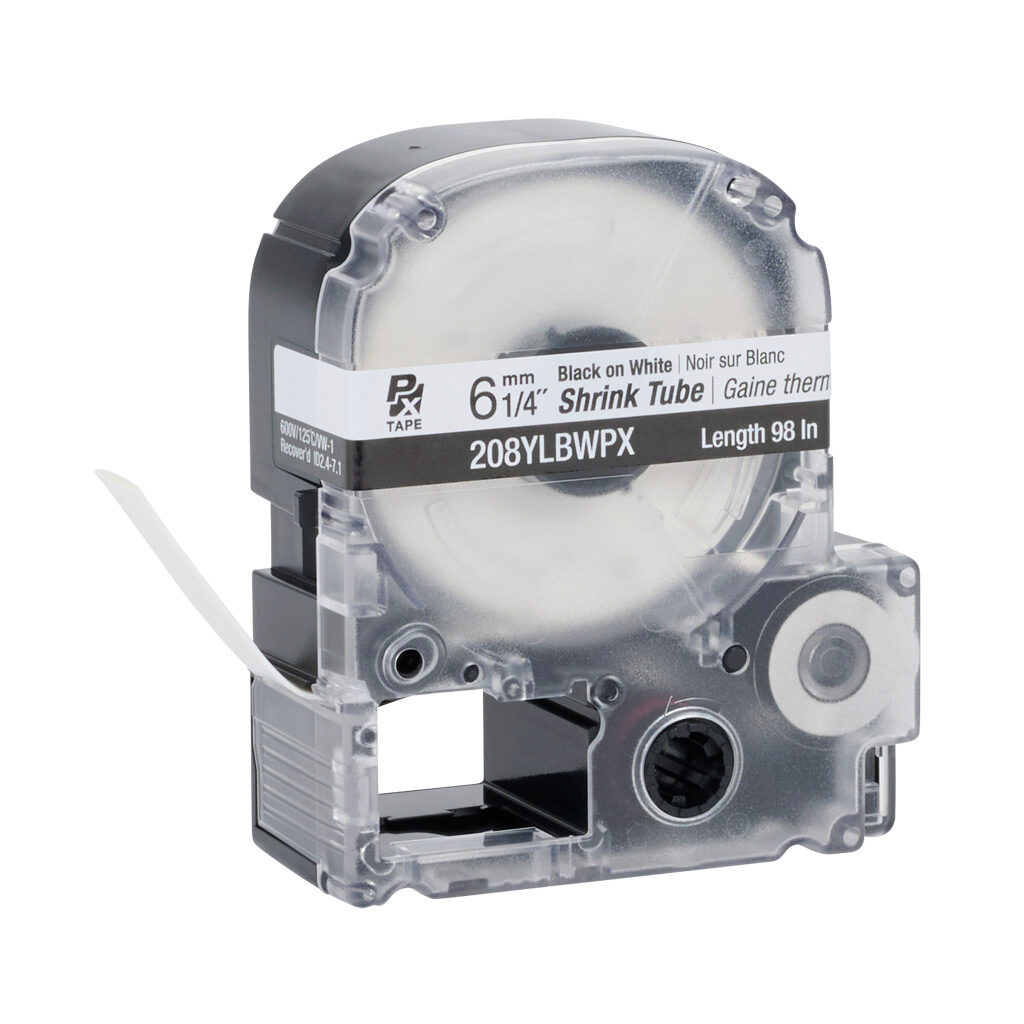 208YLBWPX - Epson LabelWorks PX series heat-shrink tube label cartridge, 6mm (1/4in) nominal diameter, 98in roll, black text, white background, polyolefin, 18-6 AWG. For use with Epson LabelWorks PX series label printers.