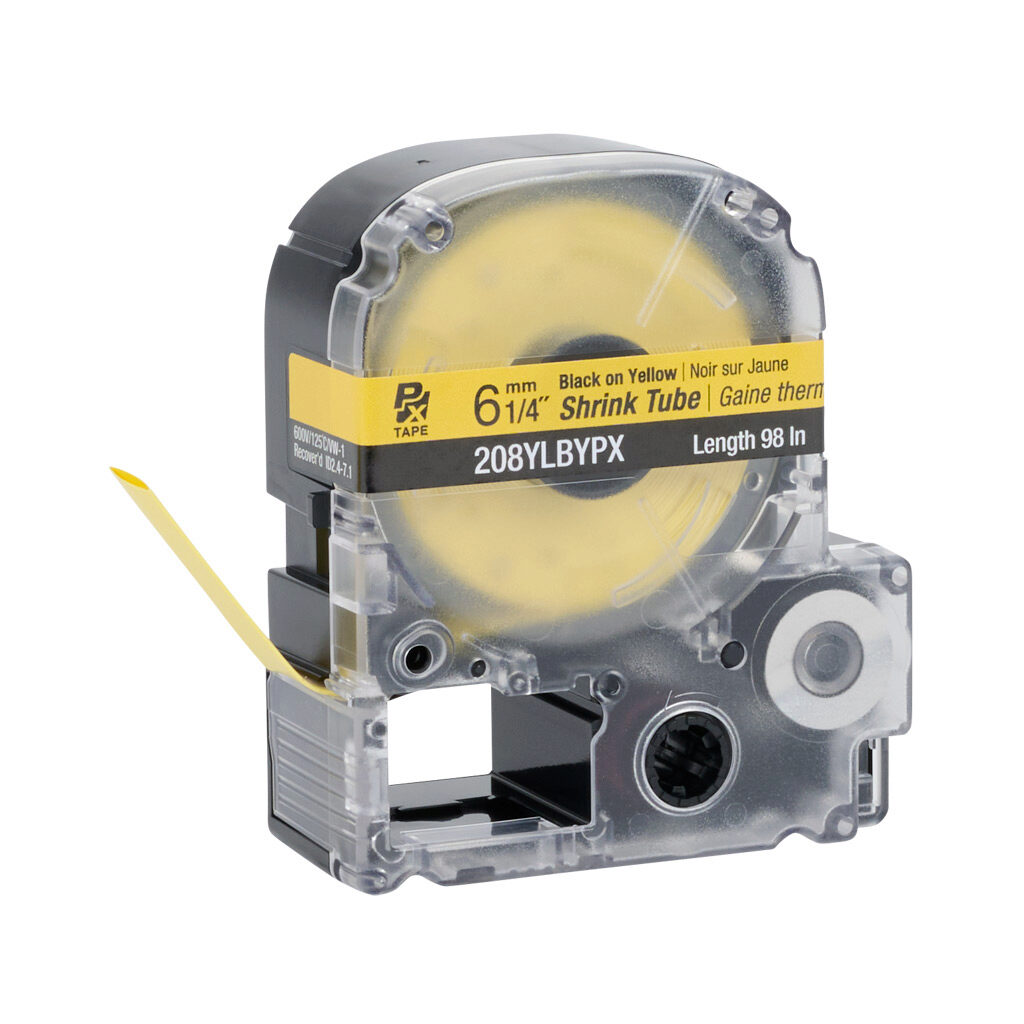 208YLBYPX - Epson LabelWorks PX series heat-shrink tube label cartridge, 6mm (1/4in) nominal diameter, 98in roll, black text, yellow background, polyolefin, 18-6 AWG. For use with Epson LabelWorks PX series label printers.