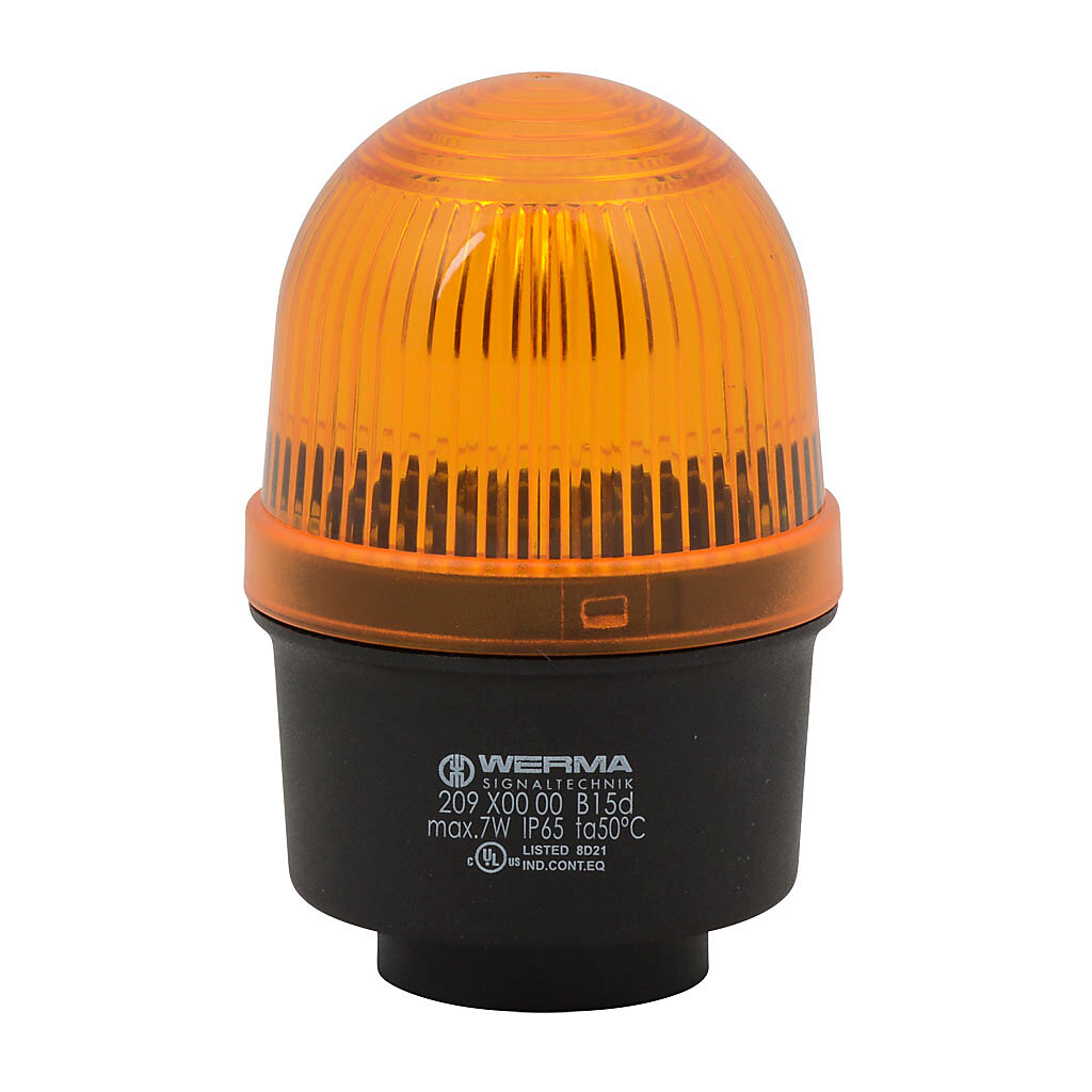 20930000 - WERMA incandescent industrial signal beacon, 57mm, yellow, permanent, IP65, tube mount, 12-240 VAC/VDC. Requires incandescent bulb.