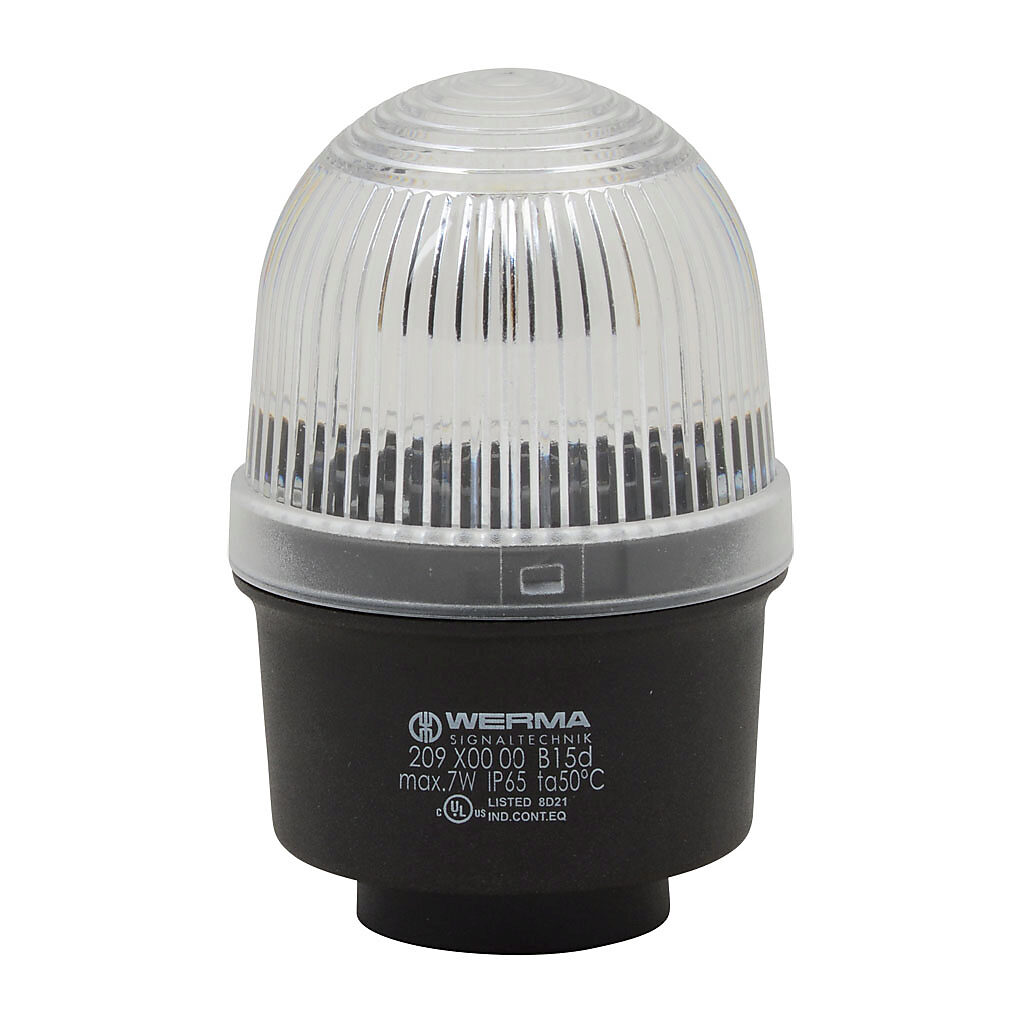 20940000 - WERMA incandescent industrial signal beacon, 57mm, clear/white, permanent, IP65, tube mount, 12-240 VAC/VDC. Requires incandescent bulb.
