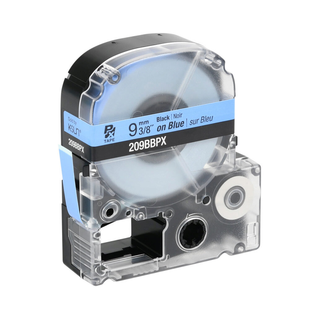 209BBPX - Epson LabelWorks PX series standard label cartridge, 9mm (3/8in) wide, 30ft roll, black text, blue background, polyester. For use with Epson LabelWorks PX series label printers.
