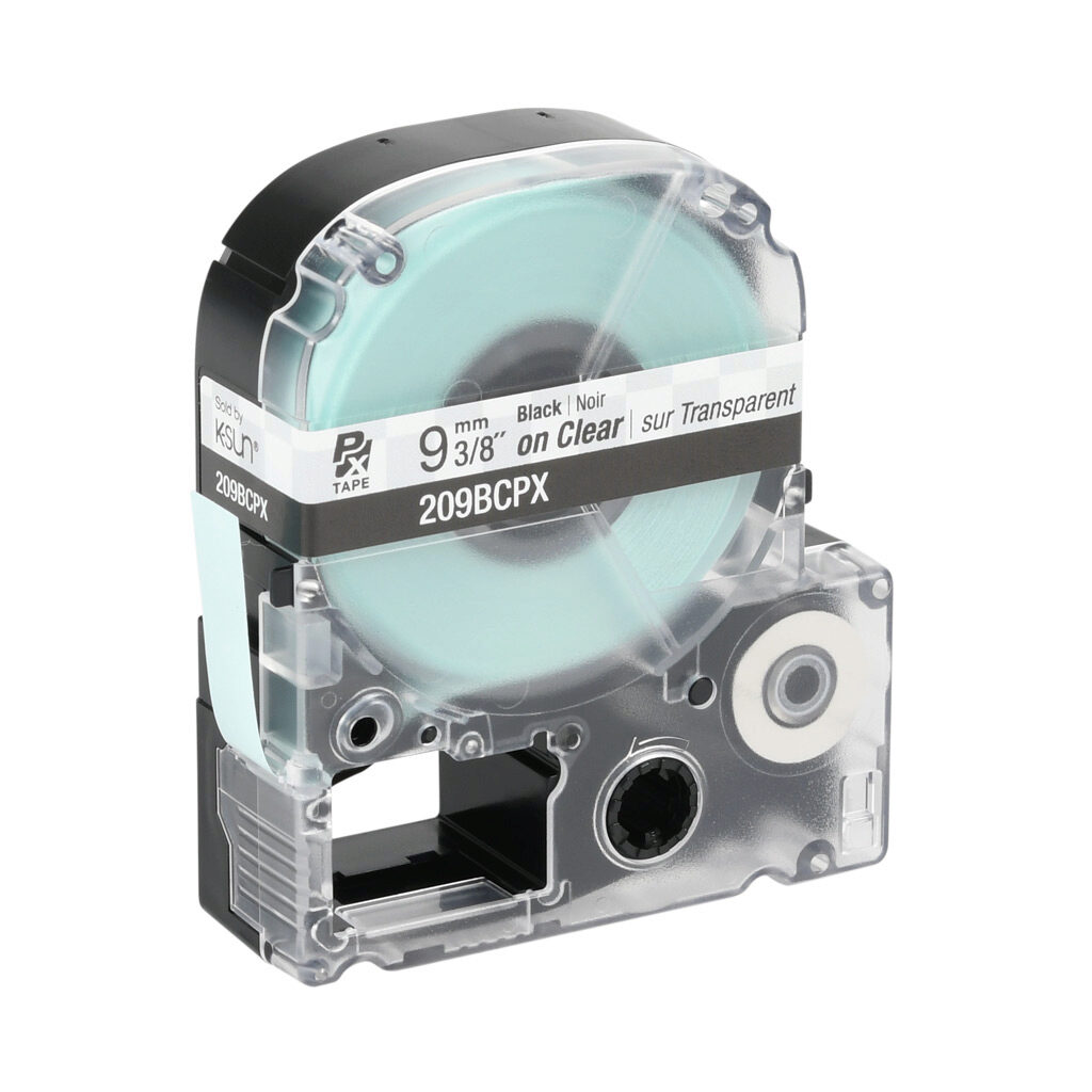 209BCPX - Epson LabelWorks PX series standard label cartridge, 9mm (3/8in) wide, 30ft roll, black text, clear background, polyester. For use with Epson LabelWorks PX series label printers.