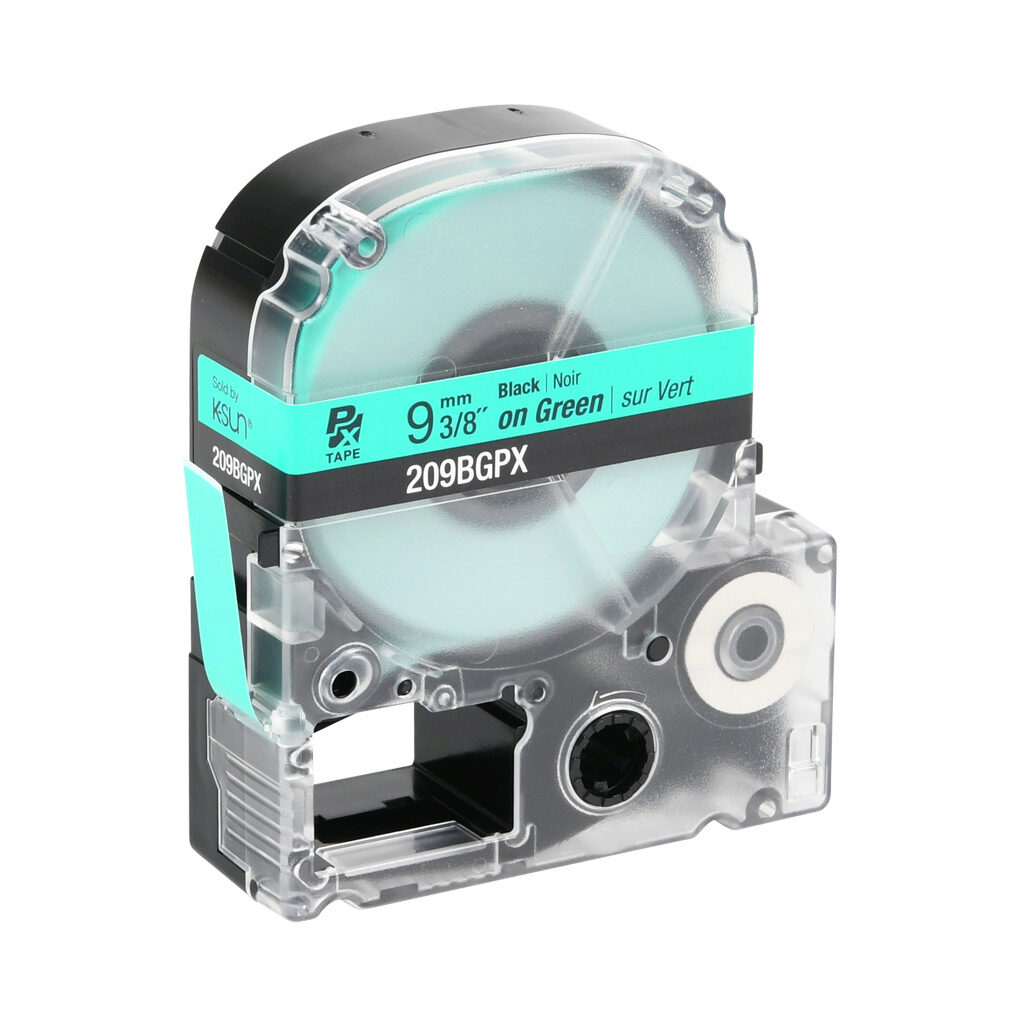 209BGPX - Epson LabelWorks PX series standard label cartridge, 9mm (3/8in) wide, 30ft roll, black text, green background, polyester. For use with Epson LabelWorks PX series label printers.
