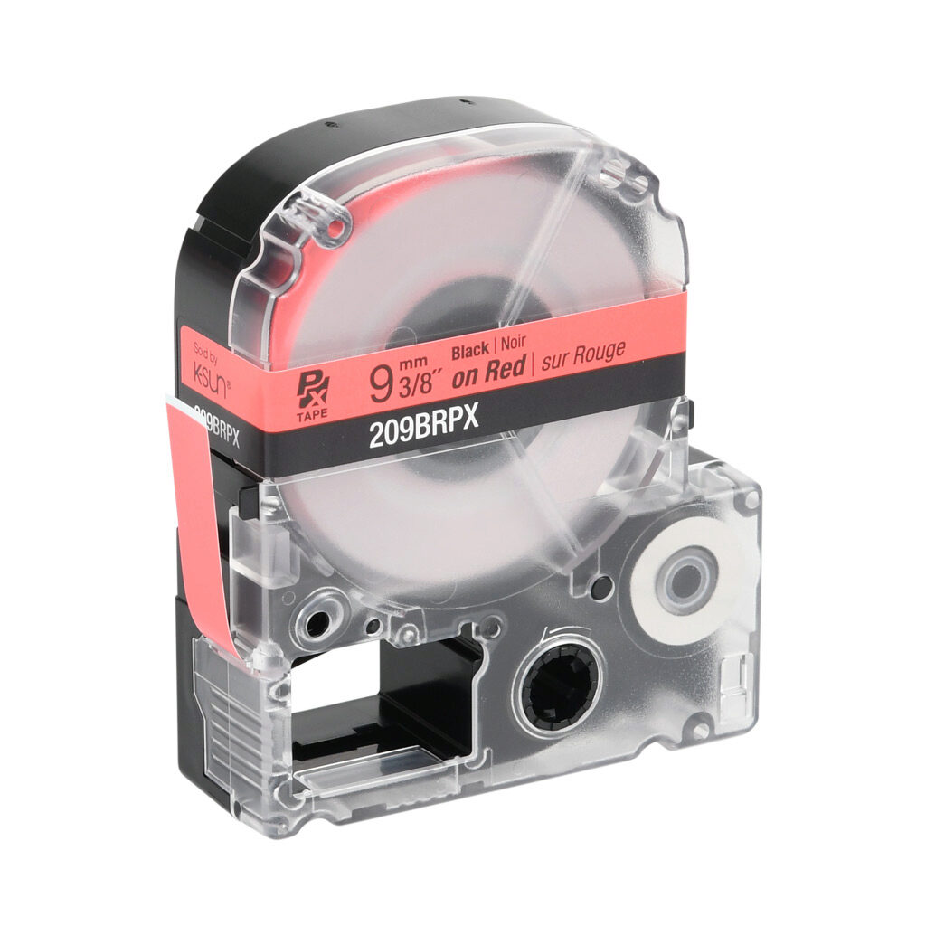 209BRPX - Epson LabelWorks PX series standard label cartridge, 9mm (3/8in) wide, 30ft roll, black text, red background, polyester. For use with Epson LabelWorks PX series label printers.