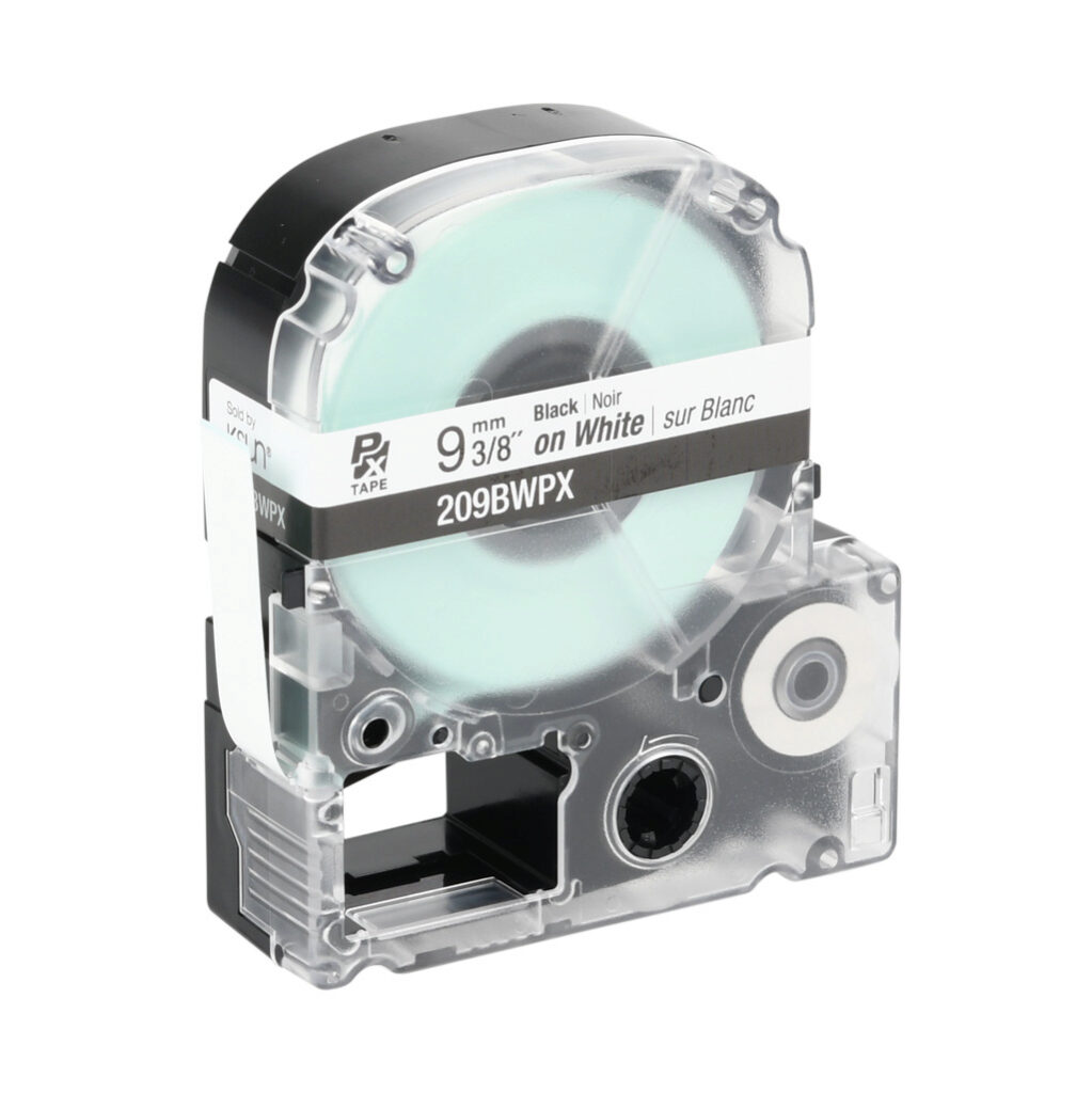 209BWPX - Epson LabelWorks PX series standard label cartridge, 9mm (3/8in) wide, 30ft roll, black text, white background, polyester. For use with Epson LabelWorks PX series label printers.