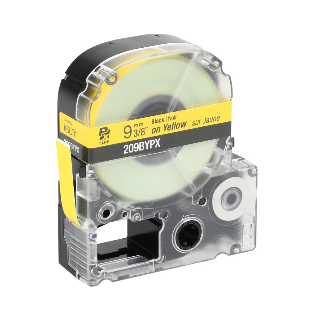 209BYPX - Epson LabelWorks PX series standard label cartridge, 9mm (3/8in) wide, 30ft roll, black text, yellow background, polyester. For use with Epson LabelWorks PX series label printers.