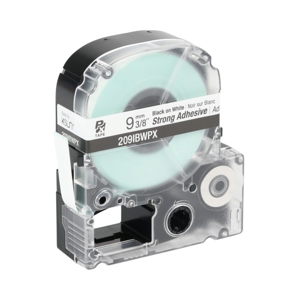 209IBWPX - Epson LabelWorks PX series strong adhesive label cartridge, 9mm (3/8in) wide, 30ft roll, black text, white background, polyester. For use with Epson LabelWorks PX series label printers.