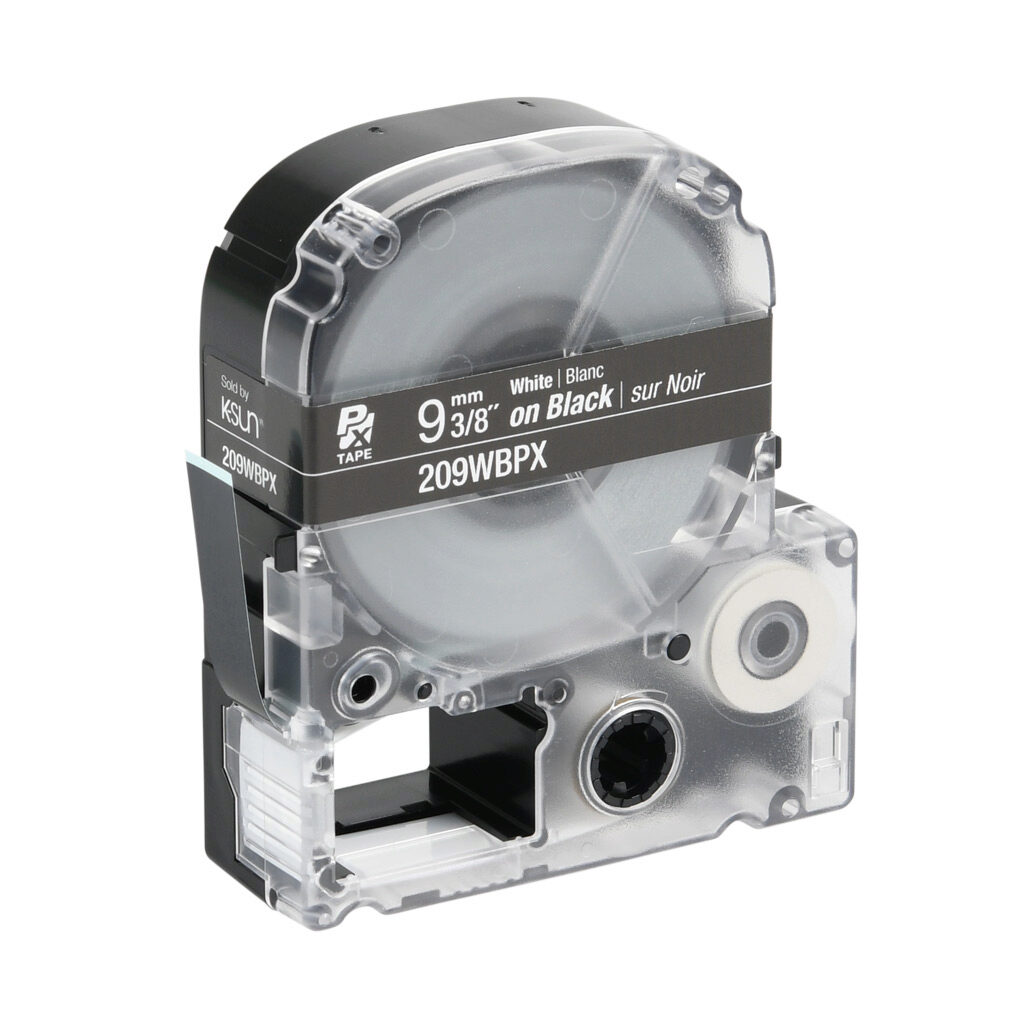 209WBPX - Epson LabelWorks PX series standard label cartridge, 9mm (3/8in) wide, 30ft roll, white text, black background, polyester. For use with Epson LabelWorks PX series label printers.