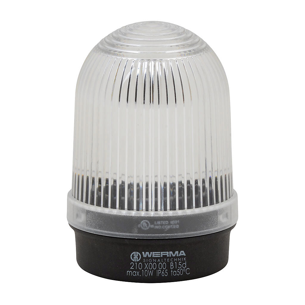 21040000 - WERMA incandescent industrial tall signal beacon, 57mm, clear/white, permanent, IP65, base mount, 12-240 VAC/VDC. Requires incandescent bulb.