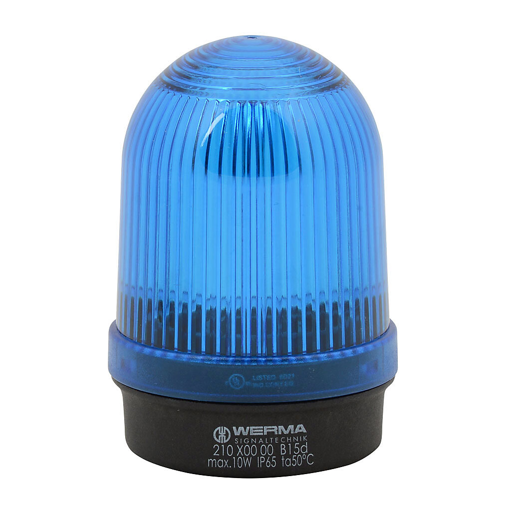 21050000 - WERMA incandescent industrial tall signal beacon, 57mm, blue, permanent, IP65, base mount, 12-240 VAC/VDC. Requires incandescent bulb.