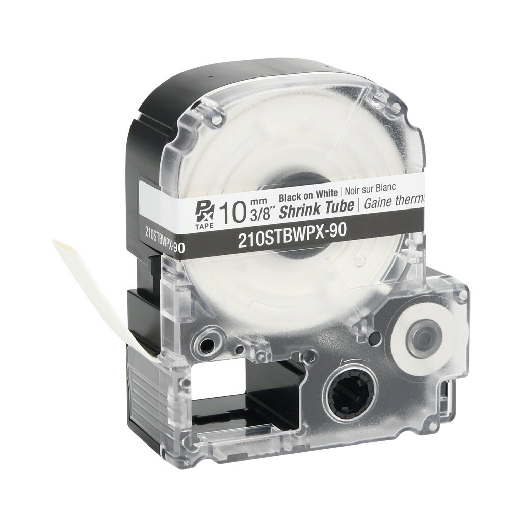 210STBWPX-90 - Epson LabelWorks PX series heat-shrink tube label cartridge, 10mm (3/8in) nominal diameter, 90in roll, black text, white background, polyolefin, 12-4 AWG. For use with Epson LabelWorks PX series label printers.