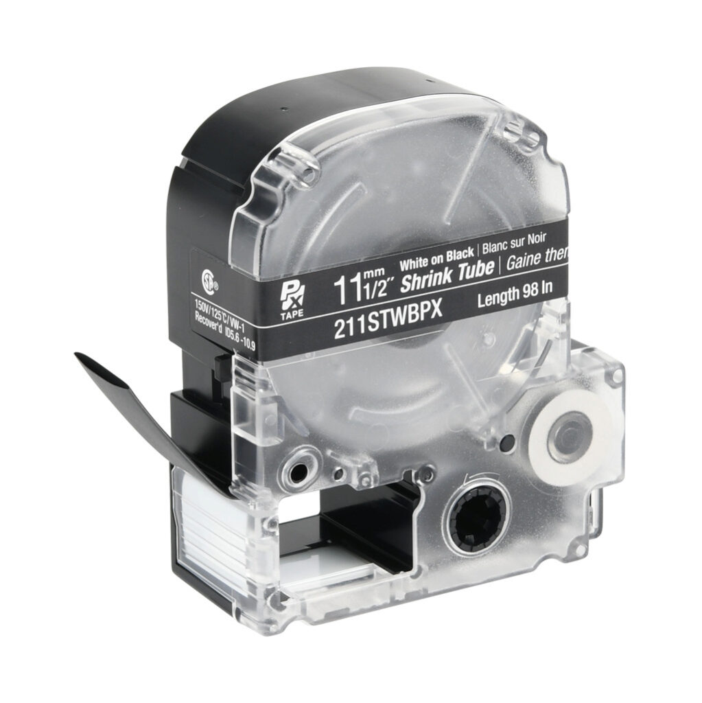 211STWBPX - Epson LabelWorks PX series heat-shrink tube label cartridge, 12mm (1/2in) nominal diameter, 98in roll, white text, black background, polyolefin, 8-2 AWG. For use with Epson LabelWorks PX series label printers.