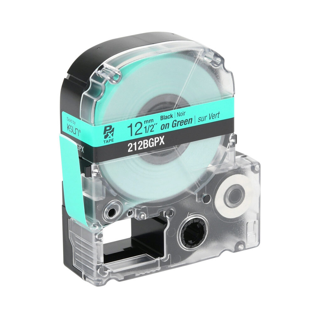 212BGPX - Epson LabelWorks PX series standard label cartridge, 12mm (1/2in) wide, 30ft roll, black text, green background, polyester. For use with Epson LabelWorks PX series label printers.