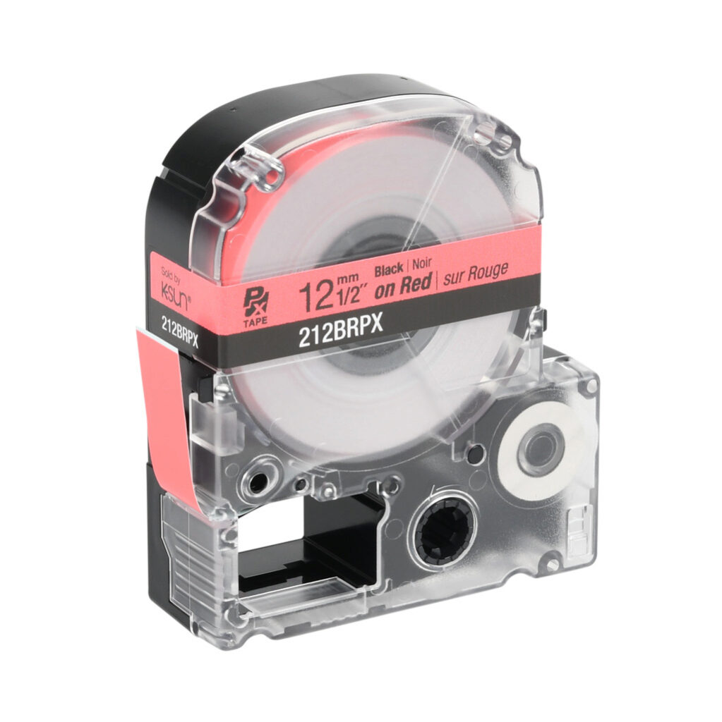 212BRPX - Epson LabelWorks PX series standard label cartridge, 12mm (1/2in) wide, 30ft roll, black text, red background, polyester. For use with Epson LabelWorks PX series label printers.