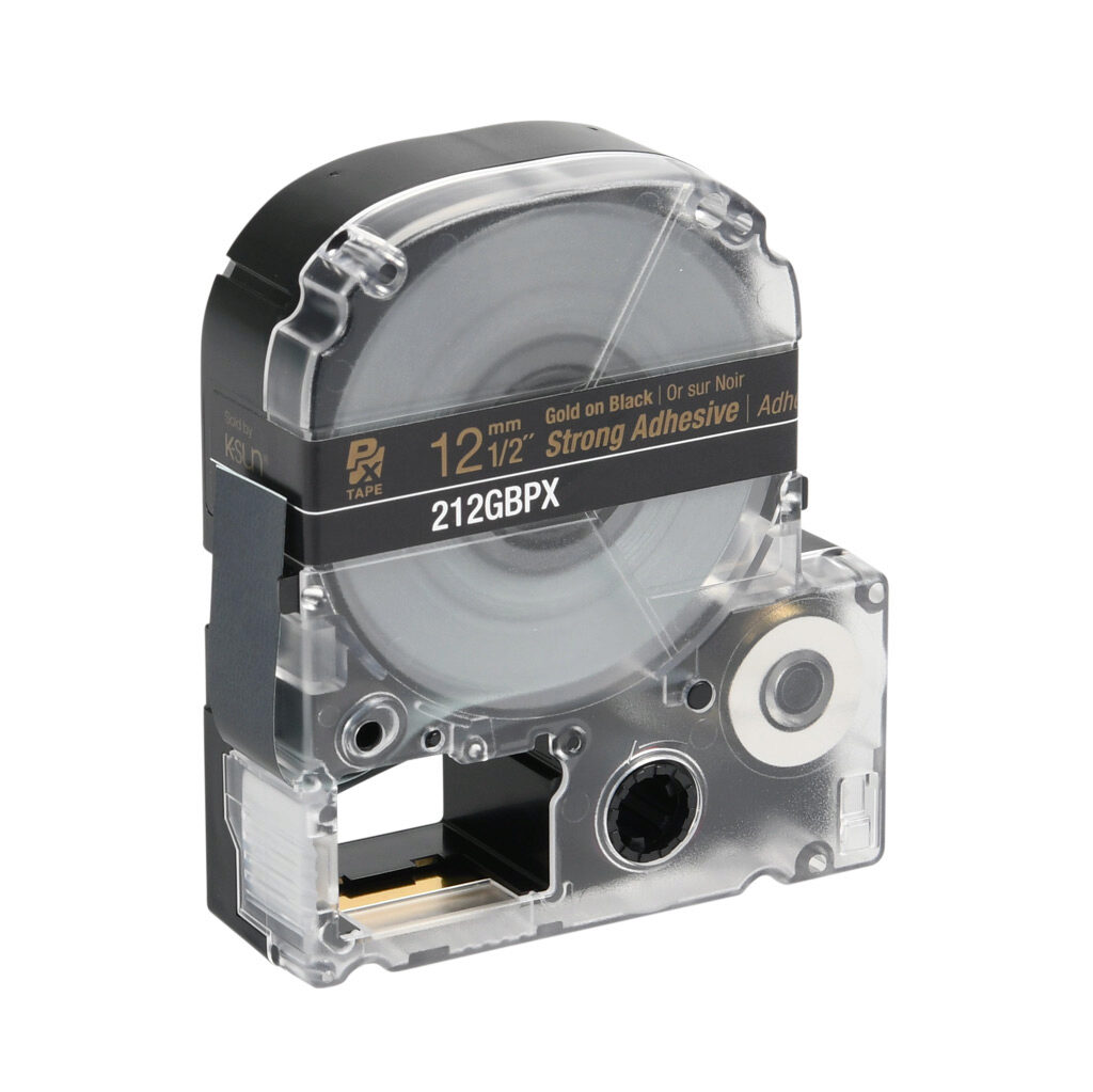 212GBPX - Epson LabelWorks PX series strong adhesive label cartridge, 12mm (1/2in) wide, 30ft roll, gold text, black background, polyester. For use with Epson LabelWorks PX series label printers.