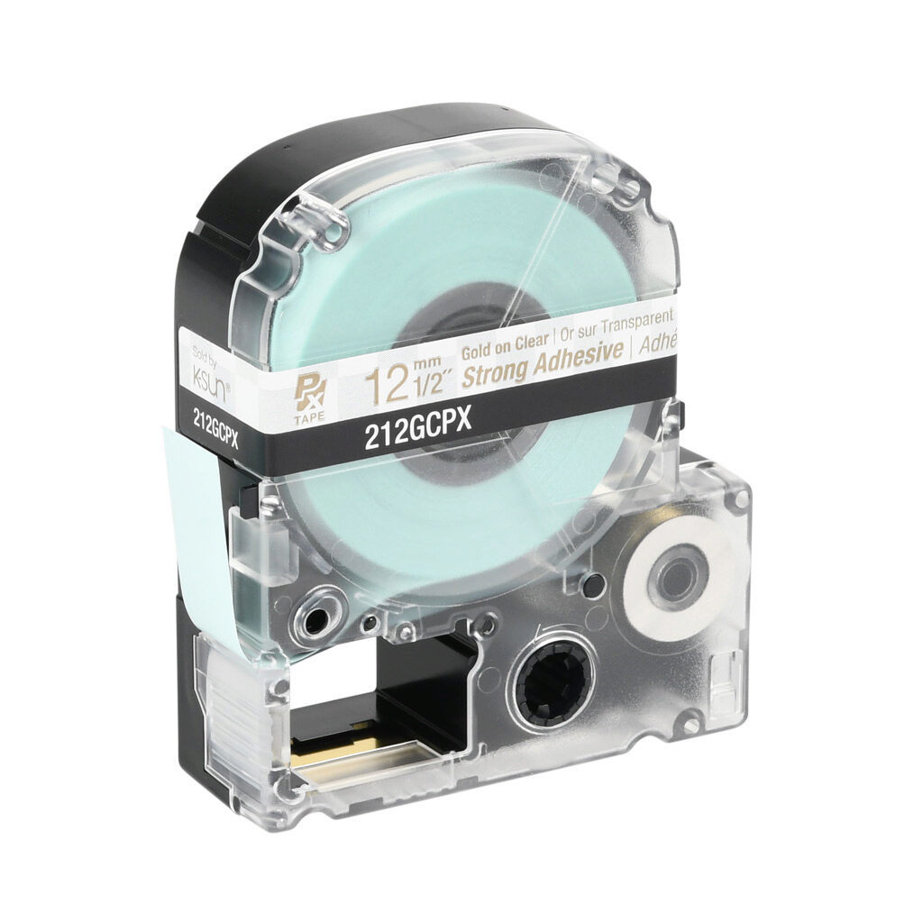 212GCPX - Epson LabelWorks PX series strong adhesive label cartridge, 12mm (1/2in) wide, 30ft roll, gold text, clear background, polyester. For use with Epson LabelWorks PX series label printers.