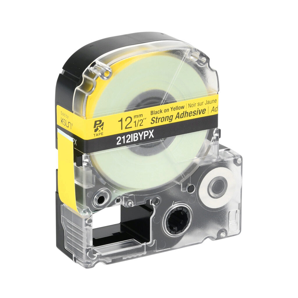 212IBYPX - Epson LabelWorks PX series strong adhesive label cartridge, 12mm (1/2in) wide, 30ft roll, black text, yellow background, polyester. For use with Epson LabelWorks PX series label printers.