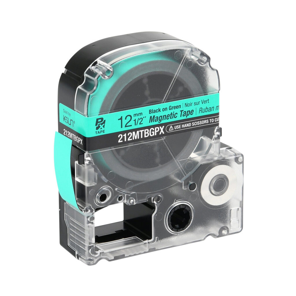 212MTBGPX-4.9 - Epson LabelWorks PX series magnetic label cartridge, 12mm (1/2in) wide, 4.9ft roll, black text, green background, polyester-laminated magnet. For use with Epson LabelWorks PX series label printers.